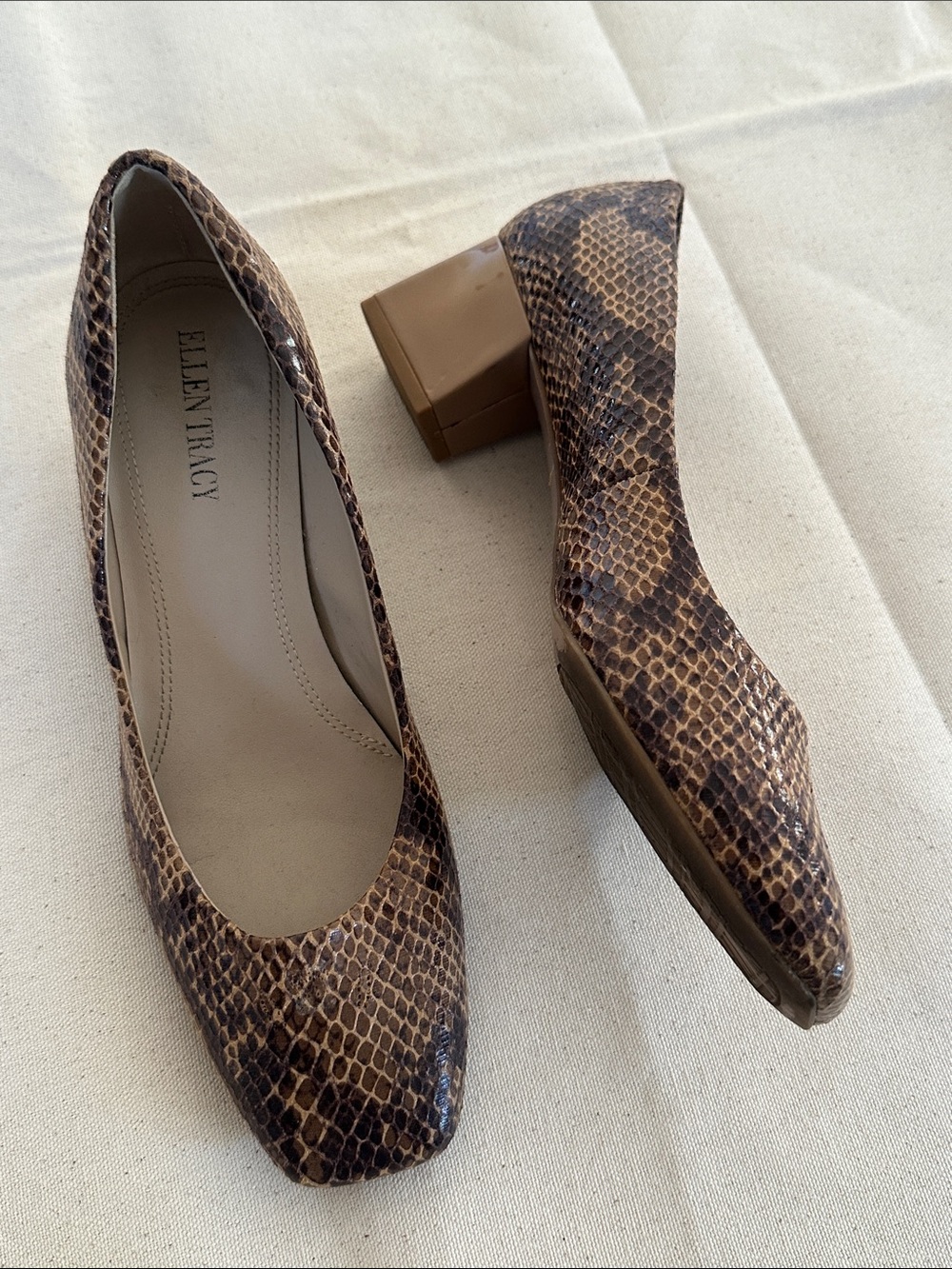 Ellen Tracy Brown Snake-Print Block Heel Pumps